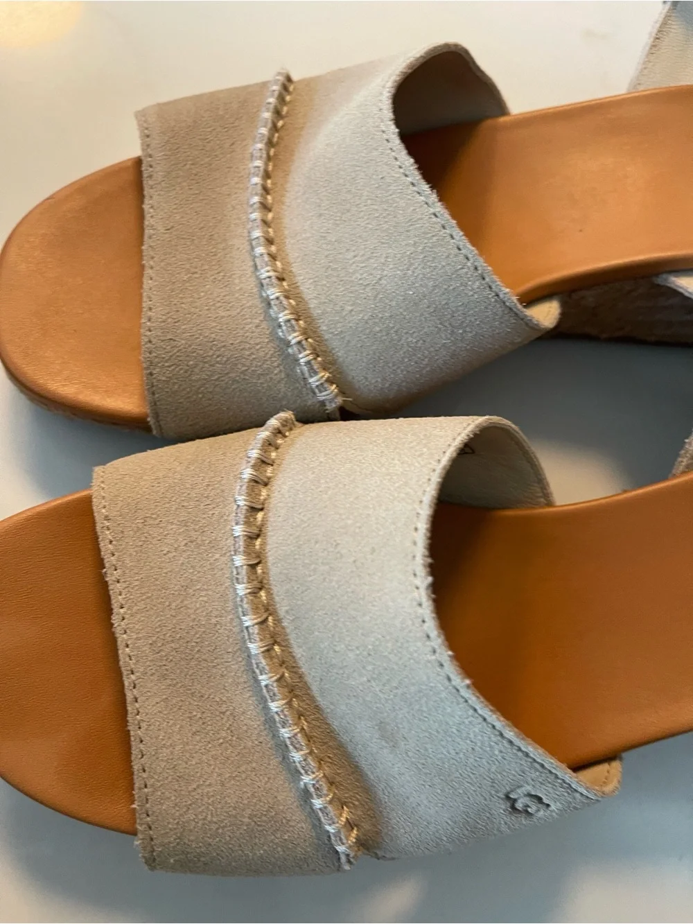 UGG Women's Light Beige Suede Espadrille Wedge Sandals with Ankle Wrap 12M